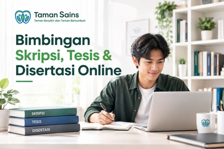 Bimbingan skripsi online Taman Sains — mahasiswa belajar dengan laptop ditemani buku skripsi, tesis, dan disertasi