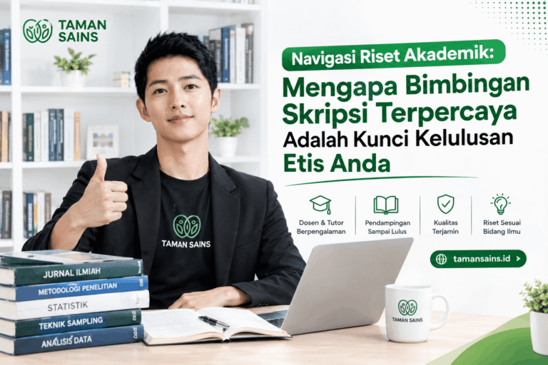- Bimbingan skripsi terpercaya bersama mentor profesional Taman Sains - Diskusi konsultasi riset akademik mahasiswa akhir dan konsultan - Infografis alur pendampingan riset edukatif di Taman Sains